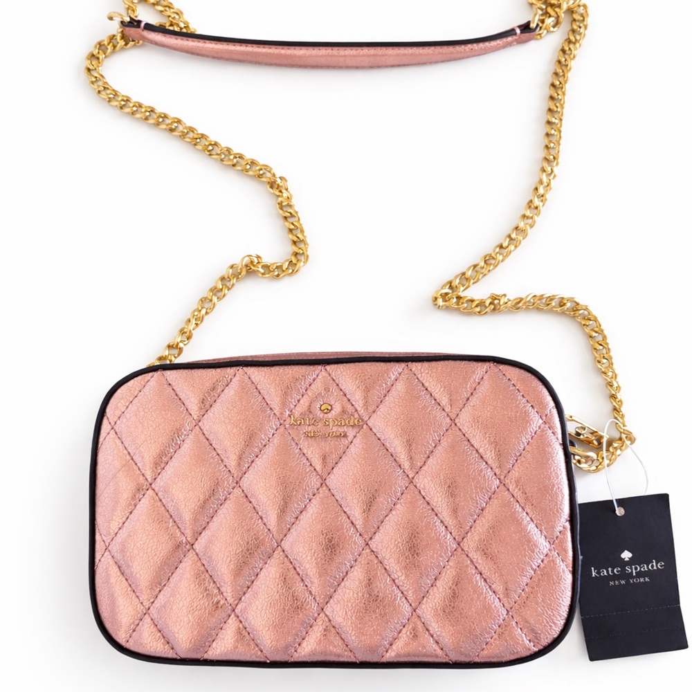Kate Spade Rose Gold Quilted Crossbody Bag NWT Metallic Chain Strap